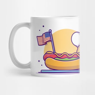 Tasty Hotdog on Plate with USA Independence Day Flag And Balloon Cartoon Vector Icon Illustration Mug